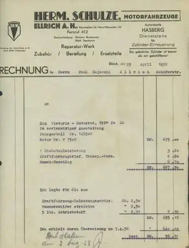 Hermann Schulze, Ellrich Rechnung Victoria KR 20 LN von 1938