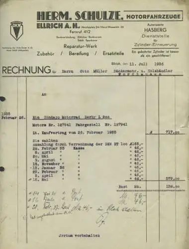 Hermann Schulze, Ellrich Rechnung Zündapp Derby L 200 von 1936