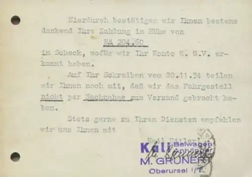 Kali Seitenwagen, Oberursel Rechnung von 1930