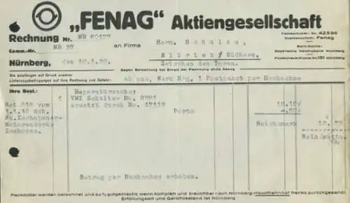 Fenag, Nürnberg Rechnung von 1930