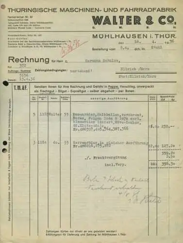 Walter & Co. Mühlhausen Rechnung von 1936