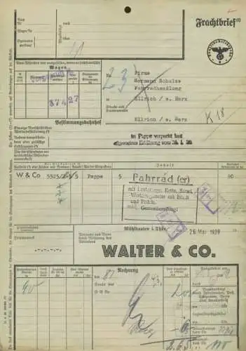 Walter & Co. Mühlhausen Frachtbrief von 1939