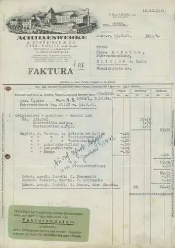 Achilles / Ober-Politz Rechnung von 1941