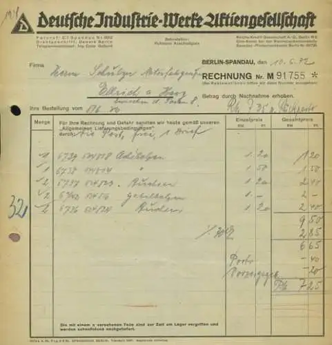 D-Rad Rechnung von 1932