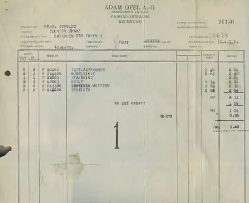 Opel Fahrrad Abteilung Rechnung von 1932