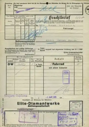 Elite-Diamantwerke Frachtbrief von 1938