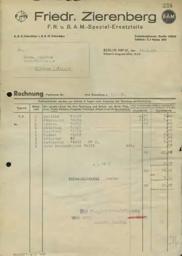 Friedr. Zierenberg FN / BAM Rechnung von 1935