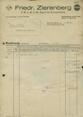 Friedr. Zierenberg FN / BAM Rechnung von 1935