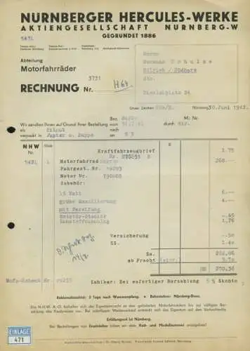 Hercules Herren-Motorfahrrad Rechnung von 1942