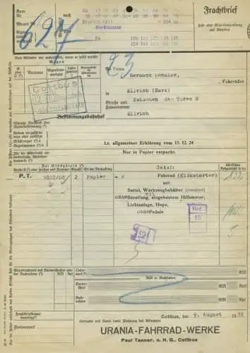 Urania Frachtbrief von 1938-39