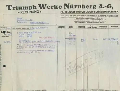 Triumph Werke, Nürnberg Motorrad K 9 Rechnung 1929