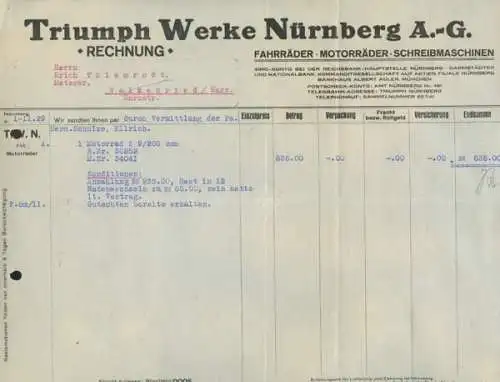 Triumph Werke, Nürnberg Motorrad K 9 Rechnung 1929