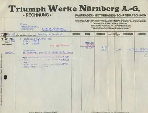 Triumph Werke, Nürnberg Motorrad K 9 Rechnung 1929