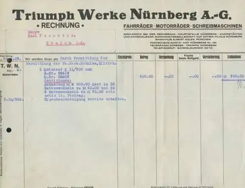 Triumph Werke, Nürnberg Motorrad K 11 Rechnung 1929