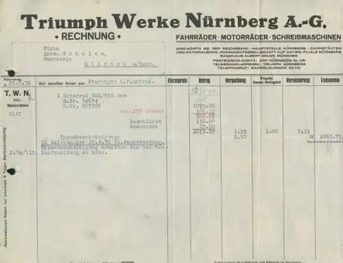 Triumph Werke, Nürnberg Motorrad SSK 350 Rechnung 1930