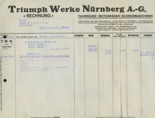 Triumph Werke, Nürnberg Motorrad K 9 Rechnung 1929