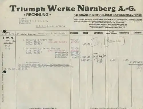 Triumph Werke, Nürnberg Motorrad K 9 Rechnung 1930