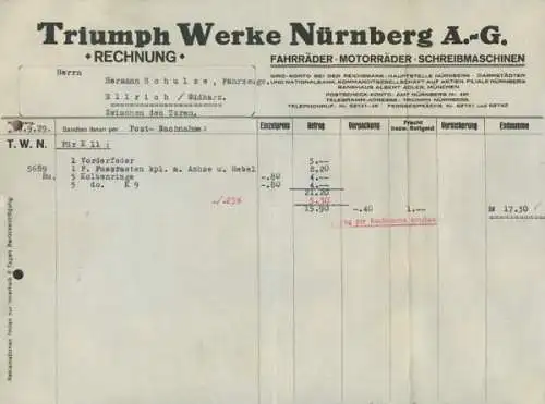 Triumph Werke, Nürnberg Kleinteile Rechnung 1929