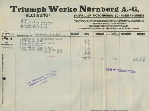 Triumph Werke, Nürnberg Kleinteile Rechnung 1930