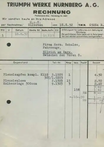 Triumph Werke, Nürnberg Kleinteile Rechnung 1932-35