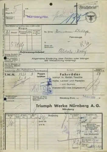 Triumph Werke, Nürnberg Frachtbrief von 1938-39