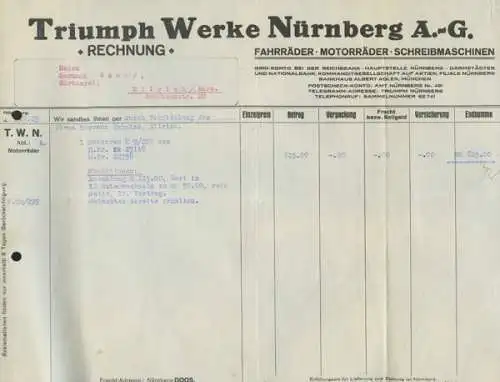 Triumph Werke, Nürnberg Motorrad K 9 Rechnung 1929