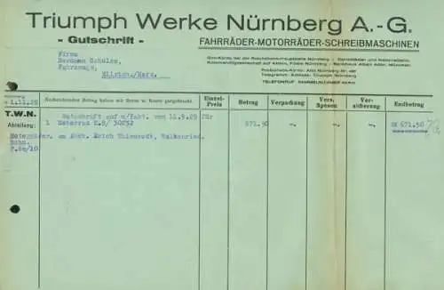 Triumph Werke, Nürnberg Gutschrift 1929/30