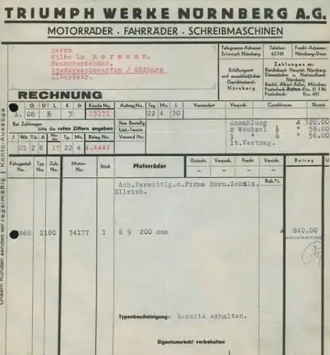 Triumph Werke, Nürnberg Motorrad K 9 Rechnung 1930