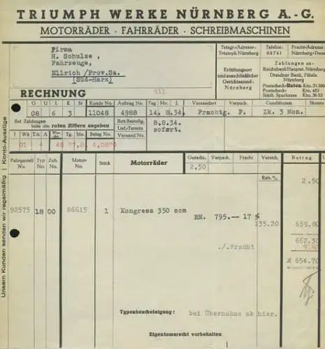 Triumph Werke, Nürnberg Motorrad Kongress 350 Rechnung 1934