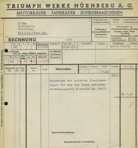 Triumph Werke, Nürnberg Kleinteile Rechnung 1935
