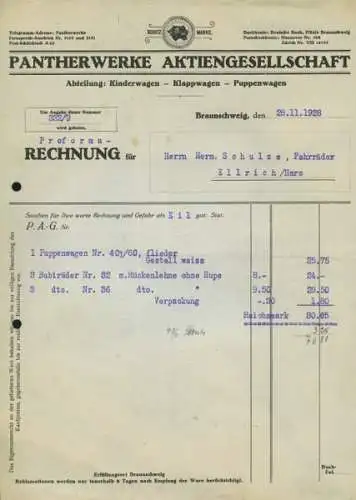 Panther Puppenwagen Rechnung 1928