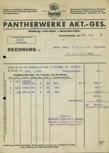 Panther Fahrrad Rechnung 1935-36