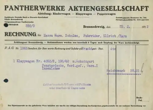 Panther Rechnugen / Schreiben 1930er Jahre