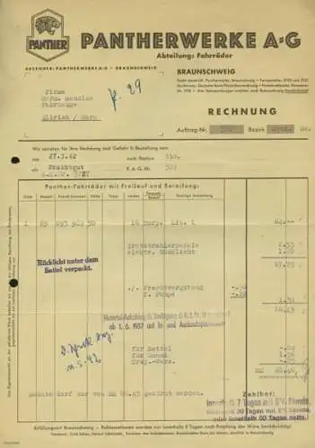 Panther Fahrrad Rechnung 1942