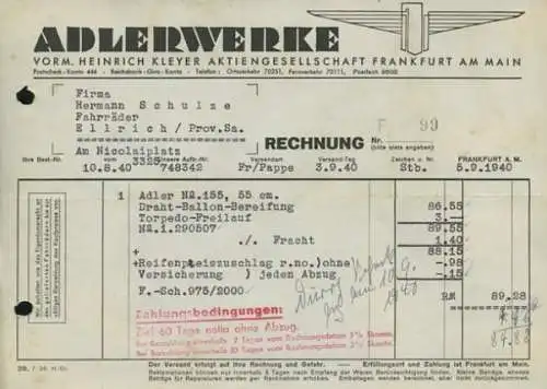 Adler Fahrrad Rechnung 1935