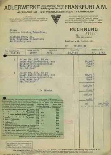 Adler Fahrrad Rechnung 1935