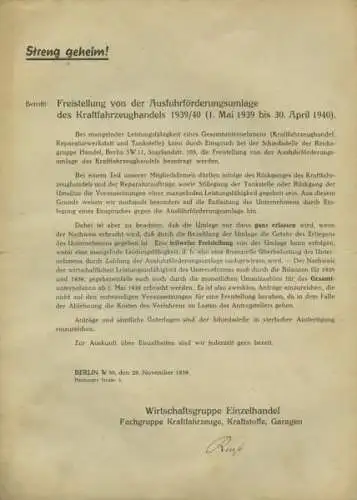 Wirtschaftgruppe Einzelhandel Schreiben 11.1939