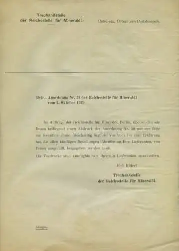 Treuhand der Reichsstelle für Mineralöl Schreiben 10.1939