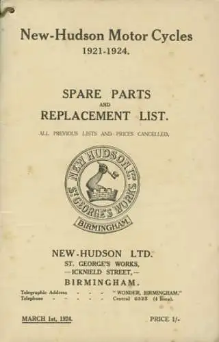 New Hudson Motor Cycles Teileliste / Spare Parts 1921-1924