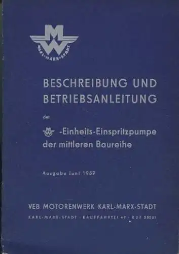 VEB Motorenwerk Karl-Marx-Stadt Einspritzpumpe Bedienungsanleitung 6.1957