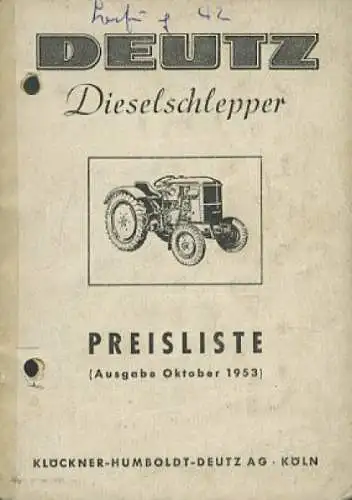 Deutz Schlepper Preisliste 10.1953