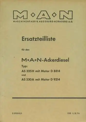 MAN Schlepper AS 325 H / AS 330 A Ersatzteilliste 3.1952