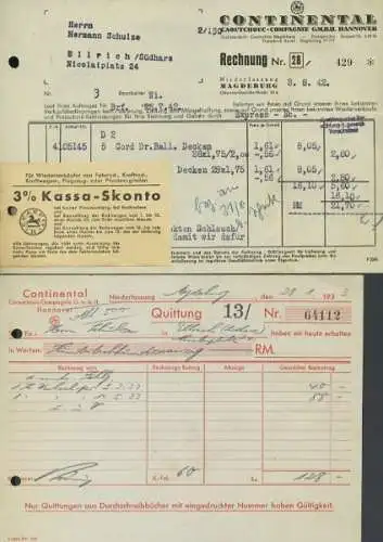 Continental Hannover Rechnung / Quittung 1930/40er Jahre