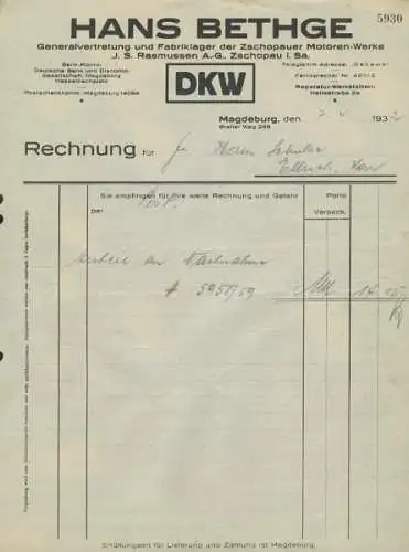 Hans Bethke, DKW Vertretung Magdeburg Rechnung 1931/32