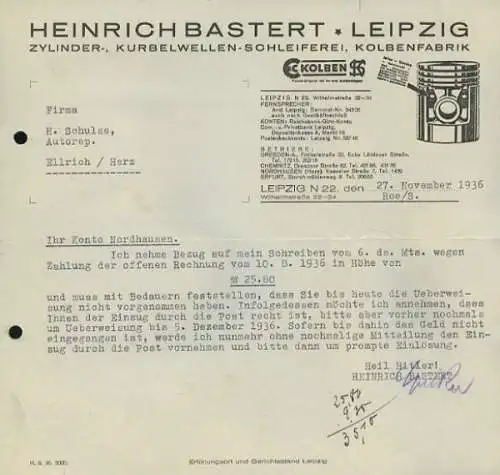 Heinrich Bastert, Leipzig Rechnung 1930er Jahre