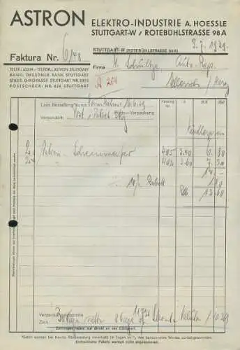 Astron Elektro Industrie, Stuttgart Schreiben 1939/41