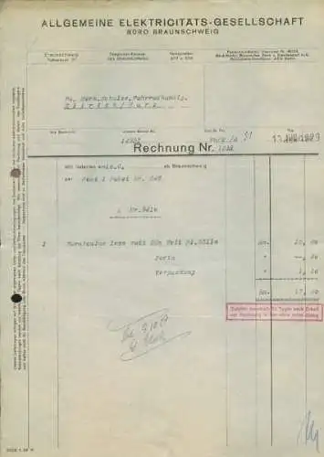 AEG Büro Braunschweig Rechnung 1930