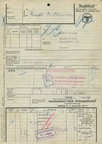 Accumulatoren Fabrik, Leipzig Frachtbrief 1939