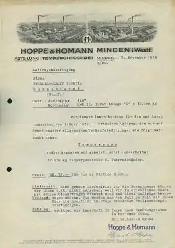 Hoppe & Homann, Minden Schreiben 1939