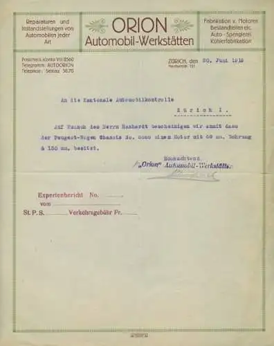 Orion Automobil Werkstätten Zürich Schreiben 1919